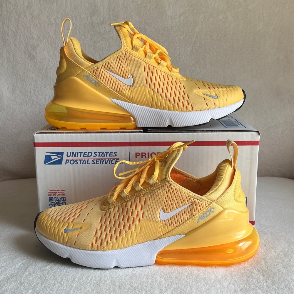Nike Air Max 270, Topaz Gold White Laser Orange, Women’s Size 10, Men’s Size 8.5